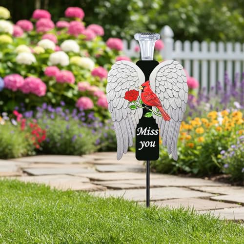 20-Inch Solar Angel Wings Memorial Stake with Red Cardinal - Metal Cemetery Decorations for Grave, Father's Day Sympathy Gift for Loss of Father Dad Mom(Angel Wings) - style: Angel Wings