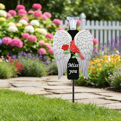 20-Inch Solar Angel Wings Memorial Stake with Red Cardinal - Metal Cemetery Decorations for Grave, Father's Day Sympathy Gift for Loss of Father Dad Mom(Angel Wings) - style: Angel Wings