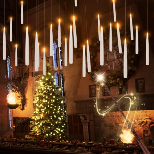 fclayvts 24PCS Floating Candles with Wand Remote,Magic Hanging Taper Candle with String,Flickering Battery Operated Taper Candle with Wand Remote for Halloween Decorations Best Gift（White） - size: 24-Pack-Taper candle-White