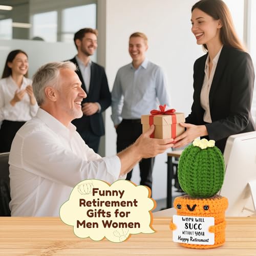Retirement Gifts for Coworker Boss Women Men, Funny Handmade Cactus Crochet Desk Decor for Woman Friends Teacher, 2026 Happy Retirement Party Decoration, Best Retired for Mom Nurse Leaving Goodbye - style: Happy Retirement