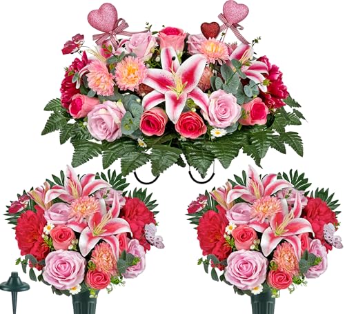 Long-Lasting Colorfast Cemetery Flowers with Grave Vase and Headstone Flower Saddle -Pink Roses for Headstone Decorations, Sympathy & Memorial Tributes