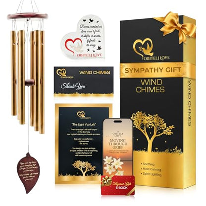Memorial Wind Chimes for Outside, Golden Leaf Pendant, Deep Tone 6 Aluminum Tubes & Pine Wood, Sympathy Gift for Loss of Loved One, Acrylic Heart Plaque, Letter from Heaven & a Keychain - color: Gold Leaf Design