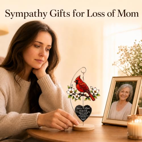 Cardinal Memorial Gifts, Sympathy Gifts for Loss of Loved One Mom Dad | Cardinal Suncatcher Acrylic Ornament with Wooden Stand and Card, Loss of Mother Sympathy Gifts, Bereavement Gifts