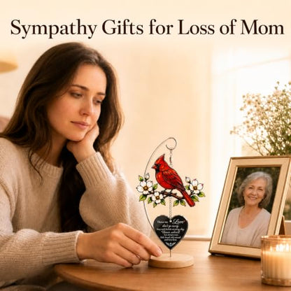 Cardinal Memorial Gifts, Sympathy Gifts for Loss of Loved One Mom Dad | Cardinal Suncatcher Acrylic Ornament with Wooden Stand and Card, Loss of Mother Sympathy Gifts, Bereavement Gifts