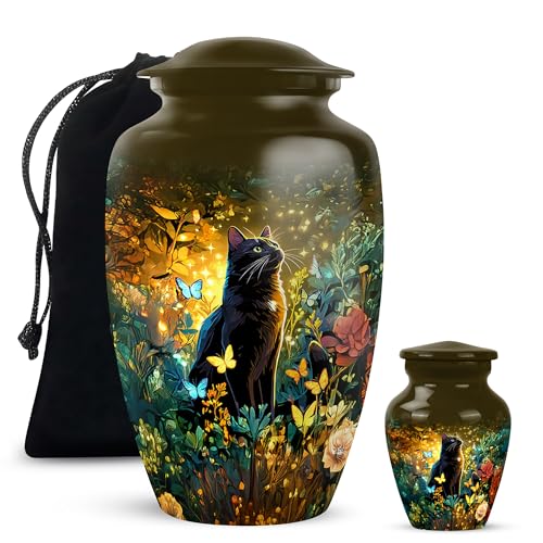 Yatskia Black Cat with Flowers Large Memorial Urns for Human Ashes Adult Male and Female, Mini Keepsake Urn for Ashes Adult Mom, (Classic 10 Inch and 3 Inch) - color: #5 Cat, size: 10 Inch and 3 Inch (Pack of 2)