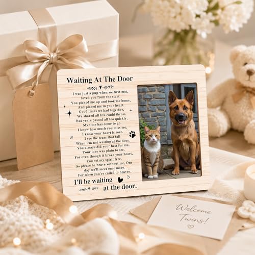 Pet Dog Cat Memorial Photo Frame - Waiting At The Door Dogs Wooden Tabletop Picture Frame - Sympathy Memorial Gifts For Loss Of Dog Cat Owner - In Loving Memory Rustic Frames Favors -02 - style: Rustic