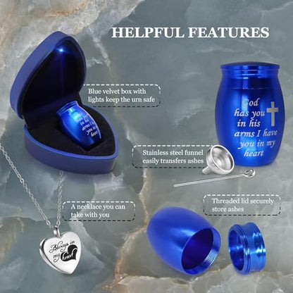 Small Keepsake Urns Comes with Heart Box w/Light (Battery Replaceable)- Best Memorial Gifts for Loss of Loved One - Mini Cremation Urn w/Urn Necklace - Miniature Ashes Holder Tiny Sharing Token Urn - color: Blue