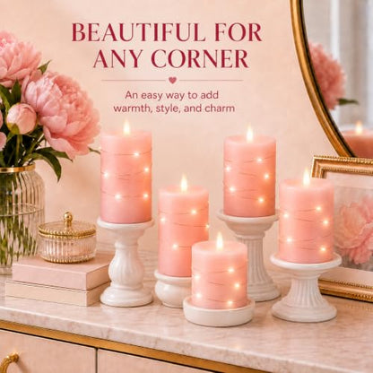Upinmz Flickering Flameless Candles with Embedded String Lights, Battery Operated Candles with Remote Control and Timer,LED Candles for Home Decoration,Real Wax, 3 Pack Pink - size: Pink-Wax-3 Pack