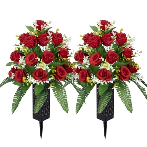 MOOMASS Artificial Cemetery Flowers – Grave Decorations, Cemetery Flowers for Grave Vase, Artificial Rose, Silk Flowers for Long-Lasting Remembrance(red, 2 Bouquets) - color: Red, size: 2 bouquets