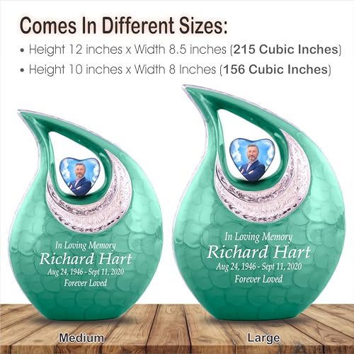 Personalized Photo & Text Green Teardrop Cremation Urns for Adult Ashes Male Female - 220 Lbs Burial Urns for Human Ashes - Handcrafted Funeral Decorative Urn for Adult with Velvet Bag - size: 220 Lbs Adult Urn