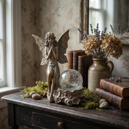 Solar Fairy Garden Statue with Crackled Glass Globe Light - color: Bronze Bronze Fairy