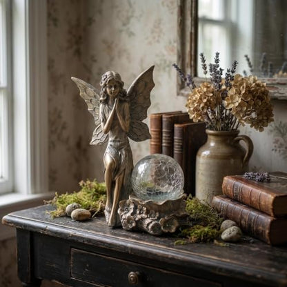 Solar Fairy Garden Statue with Crackled Glass Globe Light - color: Bronze Bronze Fairy
