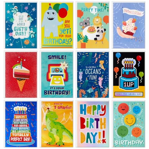 Hallmark Birthday Cards for Kids, 12-Pack (Dinosaur, Animals, Video Game) - style: Kids Birthday Pack