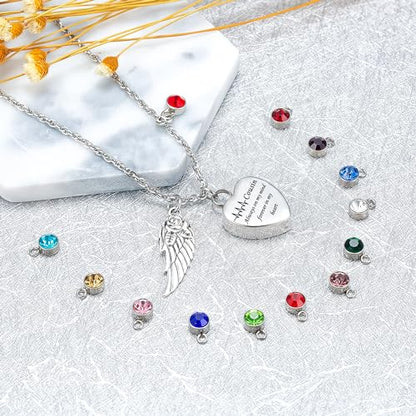 Gredstar Heart Urn Necklace for Ashes, ECG Memorial Pendant | Heartbeat Line, Angel Wing, 12 Birthstones, Stainless Steel, Screw Closure, Funnel & Box Included - style: Cousin