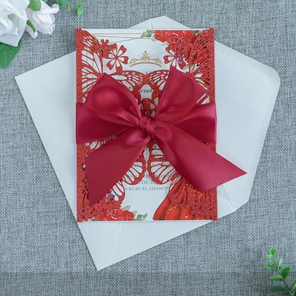 20 PCS Butterfly Quinceanera Invitation, Laser Cut Invitation Cards | 5.12x7.2" Red Glitter Butterfly Quinceanera Invitation with Envelopes for XV Anos Bridal Shower Baby Shower Invite - color: Red Glitter
