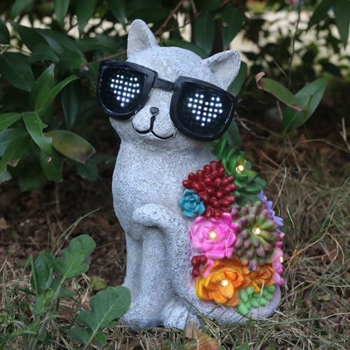 Solar Cat Garden Decor Statues with Succulent LED Lights and Sunglasses | Cat Figurines Gifts for Women Mom Grandma ，Outdoor Garden Decoration for Patio Yard Lawn - style: French