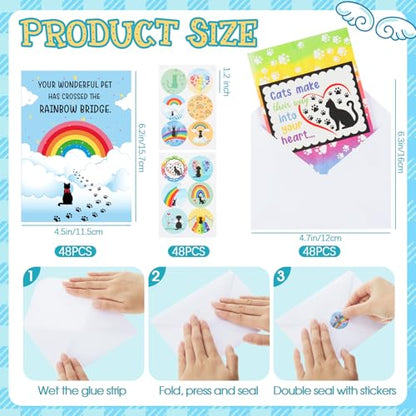 Motiskyy 48 Pack Pet Sympathy Cards for Dogs Cats Loss Sympathy Card Bulk with Envelopes and Stickers Loss of Pet Dog Cat Rainbow Bridge Condolences Gifts - style: Bright