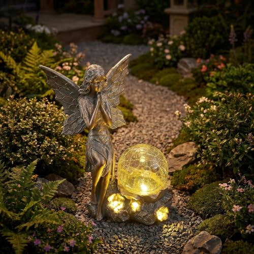 Solar Fairy Garden Statue with Crackled Glass Globe Light - color: Bronze Bronze Fairy