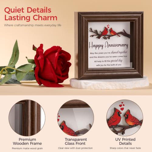 LukieJac Anniversary Cardinal Gifts for Couple - Romantic Anniversario Gift Ideas Wooden Shadow Box Frame for Friends, Sister, Parents, Couples, Grandparents Anniversary Keepsake - color: Cardinal - Happy Anniversary
