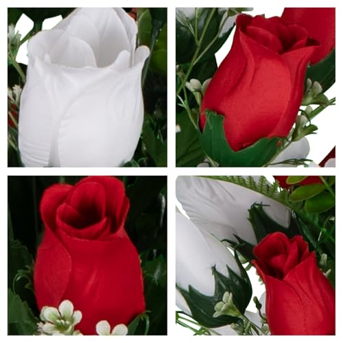30" Headstone Flower Saddle Artificial Cemetery Flowers - Gravesite Flowers - Red and White Roses - color: Red and White Roses, size: (1) Saddle