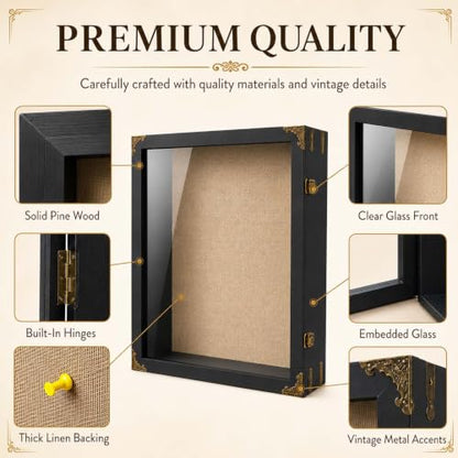 16x20x4.7 Inch Large Shadow Box Frame, 3.5-Inch Deep (Rustic Black) | Tempered glass, solid wood and linen backing for rustic wall display of wedding bouquets, graduation caps and keepsakes - size: 16x20 Inch