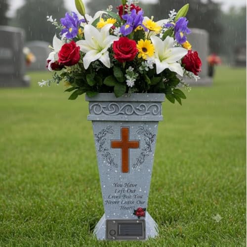Cemetery Vases for Grave with Solar Light,Cross Flower Holder for Cemetery with Drain Stopper & Ground Spike,Grave Decorations for Cemetery flower holders, Tokens of Sympathy for a Loved One's Passing