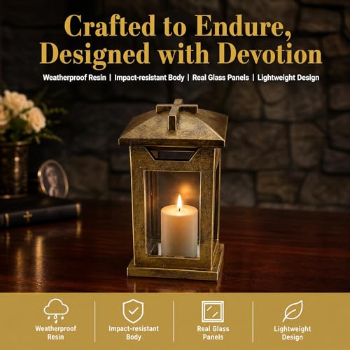 Cross Memorial Lantern - Antique Copper Resin Outdoor Cemetery Lantern with Real Glass, Christian Sympathy Gift for Loss of Loved One