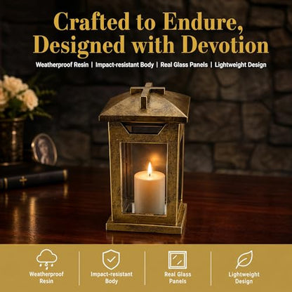 Cross Memorial Lantern - Antique Copper Resin Outdoor Cemetery Lantern with Real Glass, Christian Sympathy Gift for Loss of Loved One
