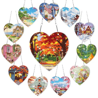 Cinnvoice Seasonal Diamond Art Hanging Kit,12 Pcs,Real Scene | Holiday Diamond Art Wreath Ornament, Month Gem Hanging Sign, Festival Crystal Suncatcher, for Door Window Wall Home Decor - style: Real Scene