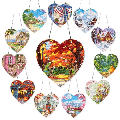 Cinnvoice Seasonal Diamond Art Hanging Kit,12 Pcs,Real Scene | Holiday Diamond Art Wreath Ornament, Month Gem Hanging Sign, Festival Crystal Suncatcher, for Door Window Wall Home Decor - style: Real Scene