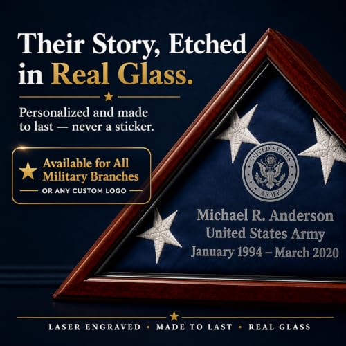 Personalized Flag Display Case for 5' x 9.5' Flag – All Military Branches Available, Veteran Memorial Display Case with Glass Front - size: Mahogany
