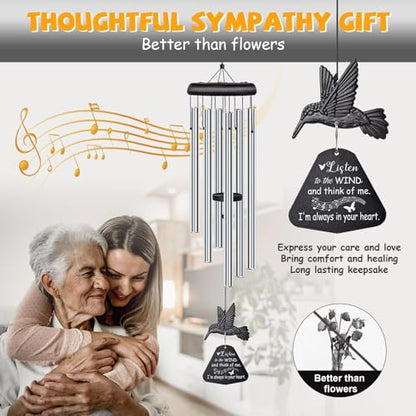 Sympathy Wind Chimes for Outside Deep Tone, Memorial for Loss of Loved One Prime, Bereavement Condolence Remembrance Funeral Gifts for Grieving Friends Loss of Mother Father - size: E-Silver Hummingbird
