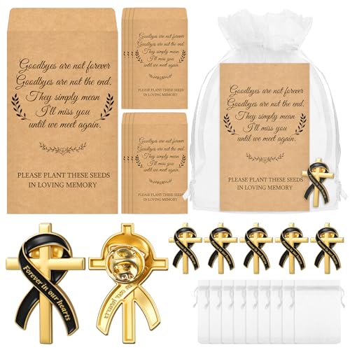 Cross Memorial Funeral Favors, 50 Sets Celebration of Life Gifts with Memorial Seed Packets, Black Ribbon Cross Sympathy Pins & Organza Bags, In Loving Memory Keepsakes