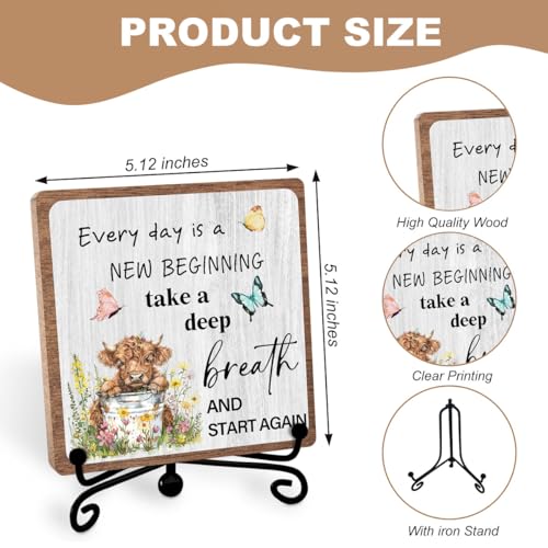 Highland Cow Inspirational Decor, Positive Plaque for Office Home | Encouragement Gifts for Women Men Coworkers Friends, Affirmation Quotes Gift, New Beginning Wooden Sign with Iron Stand - style: Highland 02