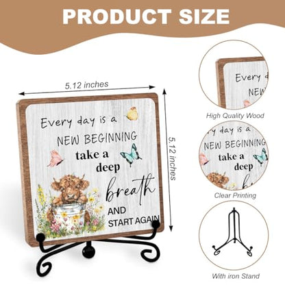 Highland Cow Inspirational Decor, Positive Plaque for Office Home | Encouragement Gifts for Women Men Coworkers Friends, Affirmation Quotes Gift, New Beginning Wooden Sign with Iron Stand - style: Highland 02