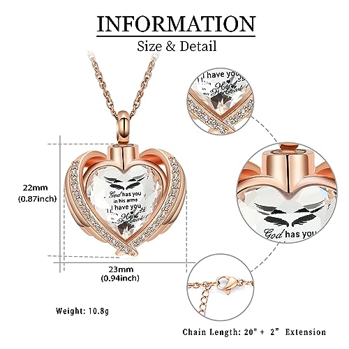 shajwo Angel Wing Heart Urn Ashes Necklace for Women Men | Cremation Jewelry,Birthstone Necklace of Loved One,Memorial Pendant for Human Pet - color: Rose Gold-White