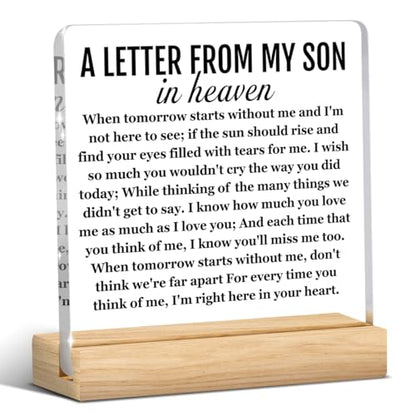 Memorial Sympathy Gifts for Loss of Son, Sympathy Gifts for Loss of Loved One Son, Remembrance Bereavement Condolence Gift a Letter From My Son in Heaven Office Acrylic Sign 4 x 4 Inches - color: A Letter From My Son in Heaven