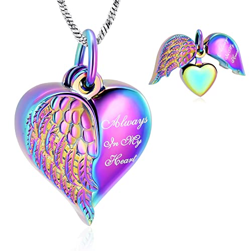 Yinplsmemory Love Heart Urn Necklace for Ashes Keepsake Memorial Cremation Jewelry Stainless Steel Angel Wing Heart Urn Locket Ashes Holder Memorial Urn Jewelry for Human/Pet Ashes - color: Always in my heart-Rainbow