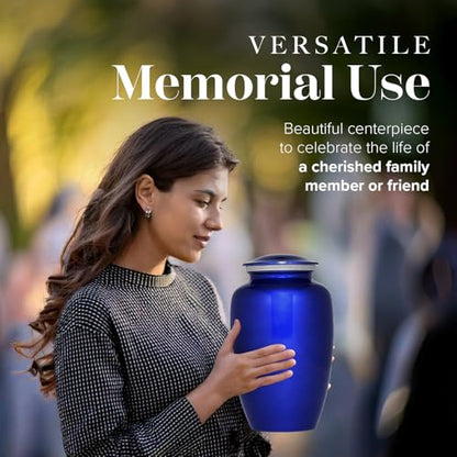 Eternal Harmony Large Urn for Ashes, Adult Male & Female Cremation Vase for Human Ashes, Secure Seal & Velvet Bag, Funeral Vase for Men & Women Up to 200 lbs, 7x11” (Large, C Blue)