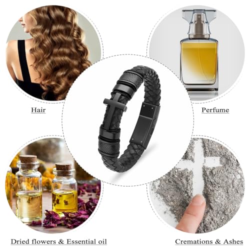 Oinsi Mens Double-Band Black Braided Leather Bangle Bracelets Cremation Jewelry for Ashes Wristband Memorial Urn Bangle with Cross Charm - color: A-Black-22cm