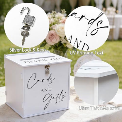 White Card Box with Lock & Slot, Elegant Wedding Card Boxes for Reception Money Envelope Cash Cards & Gifts, Spacious Gift Cards Holder Box for Party Graduation Baby Bridal Shower Table Decor - size: Large