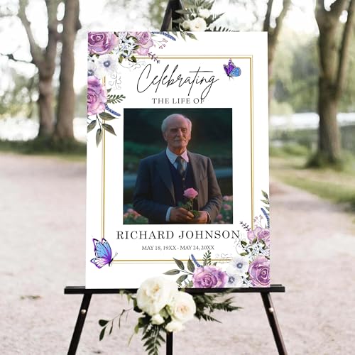 Personalized Elegant Celebration Of Life Welcome Sign, Memorial Picture Board, Celebration Of Life Decoration Yard Sign, Celebration Of Life Photo Displays, Purple Roses and Butterflies #3 - color: Version3
