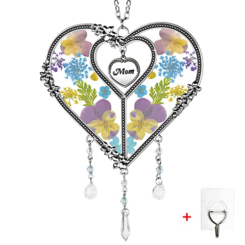 LARAINE Heart Suncatcher with Pressed Flower Wings Mom's Day Love Glass Wind Chime Ornament Charm with Metal Heart Gifts for Mom, Grandma, Aunt, Birthday (Blue) - size: Mom