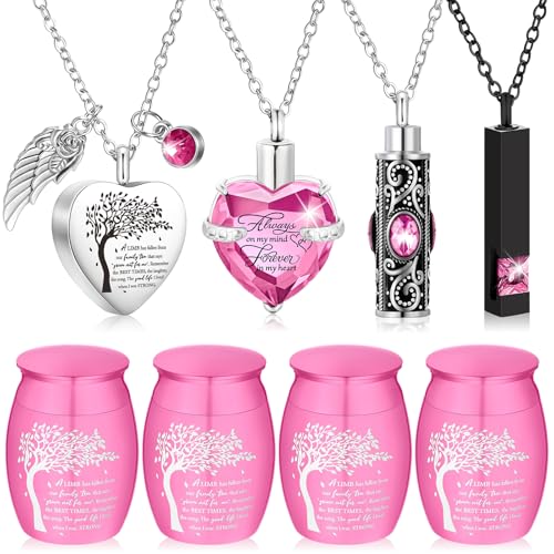 Shimeyao Set of 8 Small Urns for Human Ashes Cremation Urns Keepsake Ash Holders Family Tree Memorial Heart Locket Waterproof for Adults Women Men Loved Ones(Pink) - color: Pink