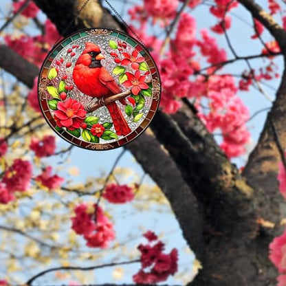 RIVEENY Cardinal Suncatcher Stained Glass, Stained Glass Window Hanging, Cardinal Gifts for Women, Red Birds Suncatchers for Windows, Hand Painted Glass for Birds Lover 20cm/7.87inch - color: Cardinal
