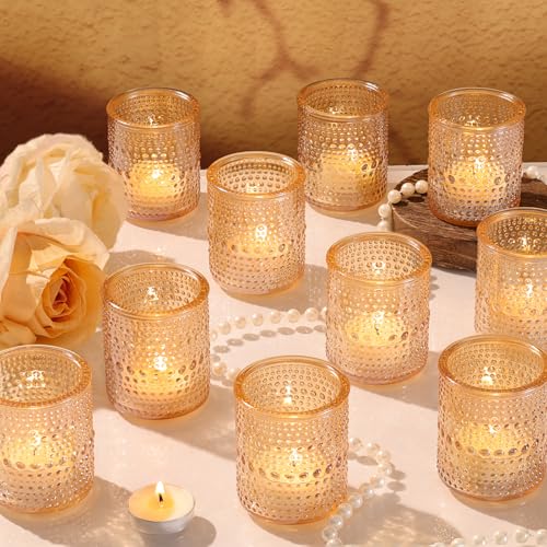Glass Votive Candle Holders 15 Pack, Gold Tea Light Candle Holders | Vintage Fall Glass Tealight Candles Holder Bulk for Autumn, Thanksgiving Table Centerpieces, Christmas Decor - color: Gold