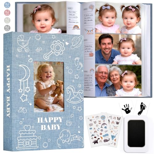 Baby Photo Album 4x6 300 Pockets with Memo Area, Photo Stickers & Hand and Footprint Kit, Linen Cover Baby Memory Book with Front Window, First Year Keepsake for Newborn Boy Girl - color: Blue