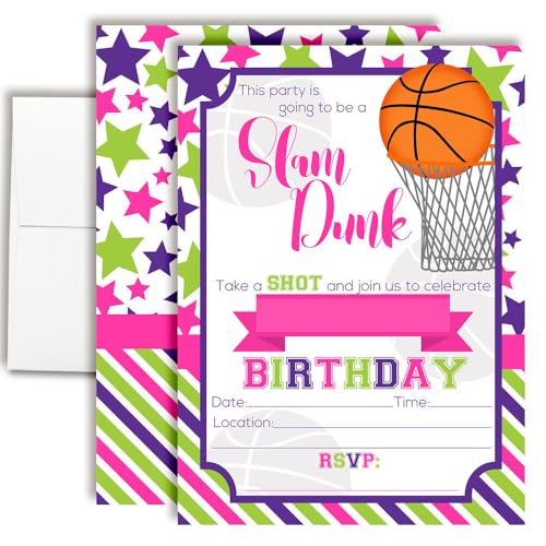 Amanda Creation Basketball Birthday Invitations Girls, 20 Pack 5x7 Basketball Invitations for Birthday Party Girl with White Envelopes, Pink Slam Dunk Theme - style: Slam Dunk Basketball Girl