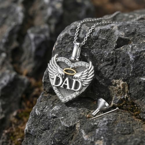Family Members Urn Necklace for Ashes 925 Sterling Silver Angel Wings Heart Cremation Memorial Keepsake Pendant Jewelry for Loved One's Ashes, with 18" + 2" Stainless Steel Chain - style: Heart-Dad