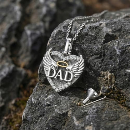 Family Members Urn Necklace for Ashes 925 Sterling Silver Angel Wings Heart Cremation Memorial Keepsake Pendant Jewelry for Loved One's Ashes, with 18" + 2" Stainless Steel Chain - style: Heart-Dad